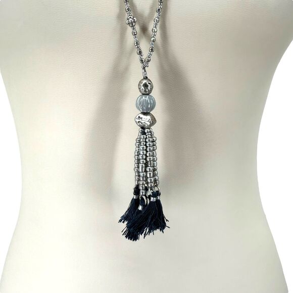 J. Jill Charm Tassel Necklace Long Silver Tone Beaded Blue Pendant 32” Boho NWT - Picture 7 of 13